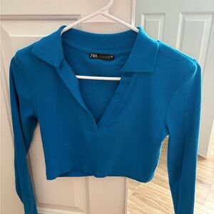 Zara Blue Long Sleeve Polo Crop Blouse